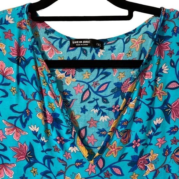 Shein Curve border print aqua, yellow, & pink high waist soft rayon tunic dress - Picture 4 of 9